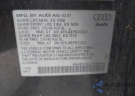 2007 Audi Q7 3.6 Premium из США, поврежденный, VIN WA1BY74L27D080445